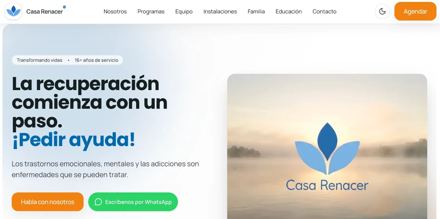Sitio web de Casa Renacer, diseñado por XCALANTE